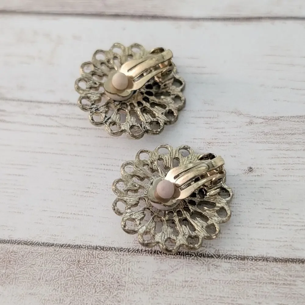 Vintage Clip On Earrings Ornate Gold Tone with Turquoise Tone Center Large